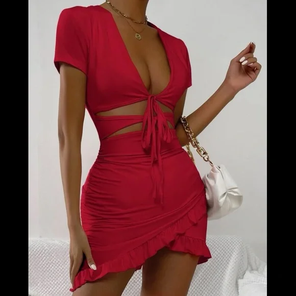 BNWT SHEIN Burgundy Tied Cutout Front Ruffle Trim Wrap Hem Mini Dress - Picture 7 of 8